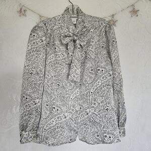 Personal Womens Large White Black Floral Geometric Blouse Button Up Front 80s3